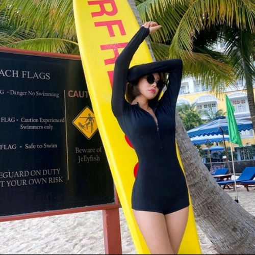 Bikini Đồ Bơi Liền Thân Màu Đen Khóa Kéo Dáng Đùi Kín Đáo KONKUN MS85