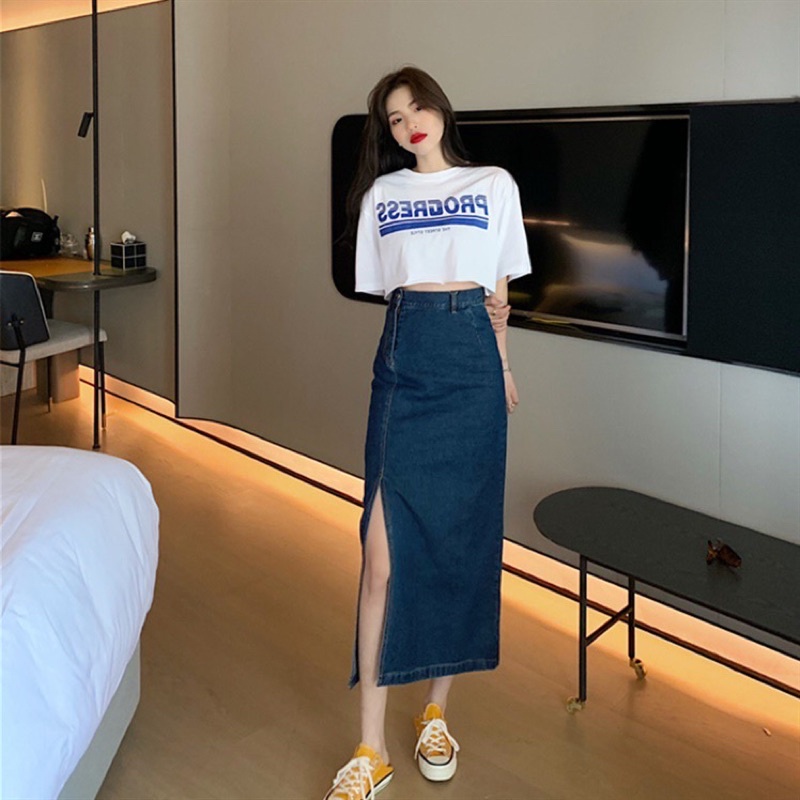 💃 Chân Váy Jeans Nữ Dáng Bút Chì Cúc Lệch Vạt Xẻ 3 Màu