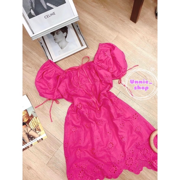 Đầm xô ren hoa tay phồng mã UDR003 trắng Hồng 💕☁️ Freesize