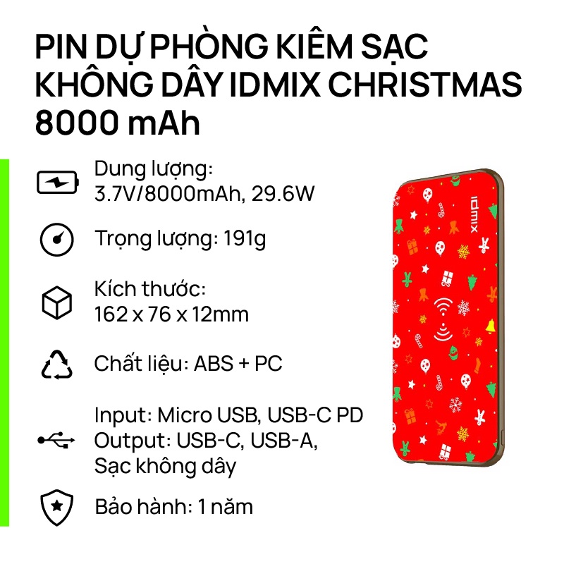 Pin sạc dự phòng sạc không dây IDMIX Christmas – 8.000 mAh- thiết kế trẻ trung, gọn nhẹ, hỗ trợ sạc nhanh, kết 3 cổ