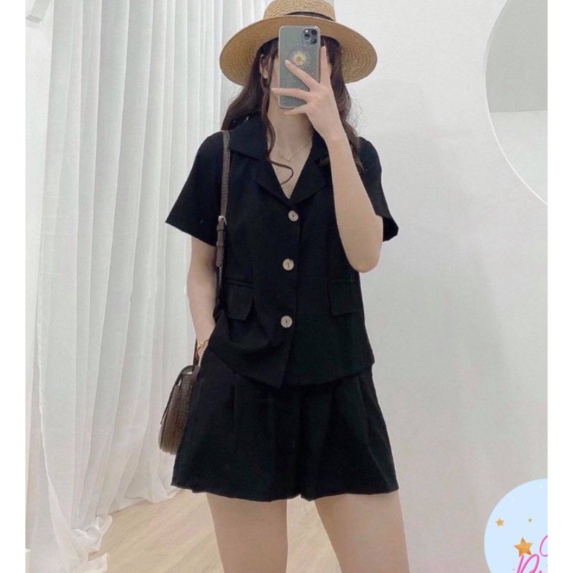 Set áo sơ mi đũi cổ vest tay bồng kèm chân váy nữ,bộ sơ mi tính,siêu xinh Set đi chơi | BigBuy360 - bigbuy360.vn