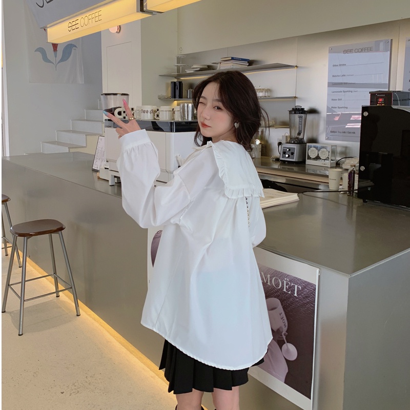 Áo sơ mi SUXI trắng tay dài dáng rộng thêu họa tiết phong cách Hàn Quốc thời trang mùa xuân cho nữ