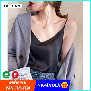 Áo hai dây lụa satin nữ hàng quảng châu cao cấp cổ V siêu mịn mát freesize basic Taosan