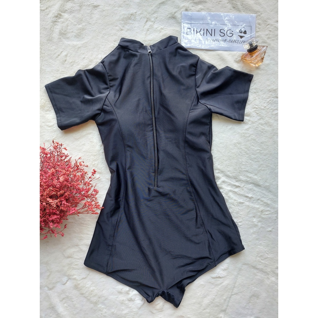 Đồ bơi, bikini tay dài khóa kéo liền thân 1 mảnh mẫu quần đùi màu đen đi biển hoạt động thể thao tiện lợi