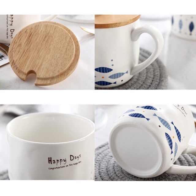 Cốc Gốm Sứ Happy Days Nắp Gỗ 400ml Chất Lượng Cao | BigBuy360 - bigbuy360.vn