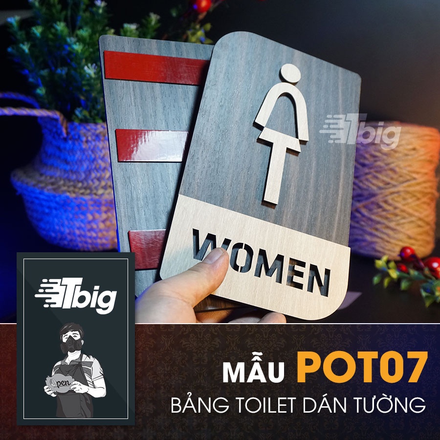 Bảng gỗ nhà vệ sinh sét 4 mẫu toilet - restroom - women men - nam nữ loại dán tường bằng keo 2 mặt