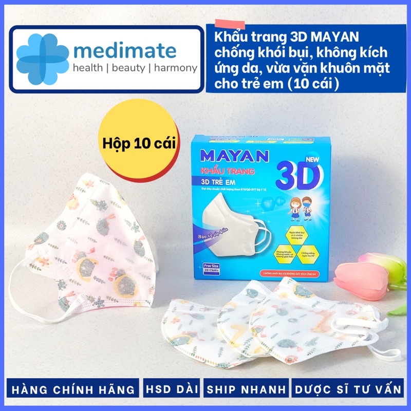 Khẩu trang MAYAN 3D chống khói bụi, không kích ứng da, vừa vặn khuôn mặt cho trẻ em (hộp 10 cái)