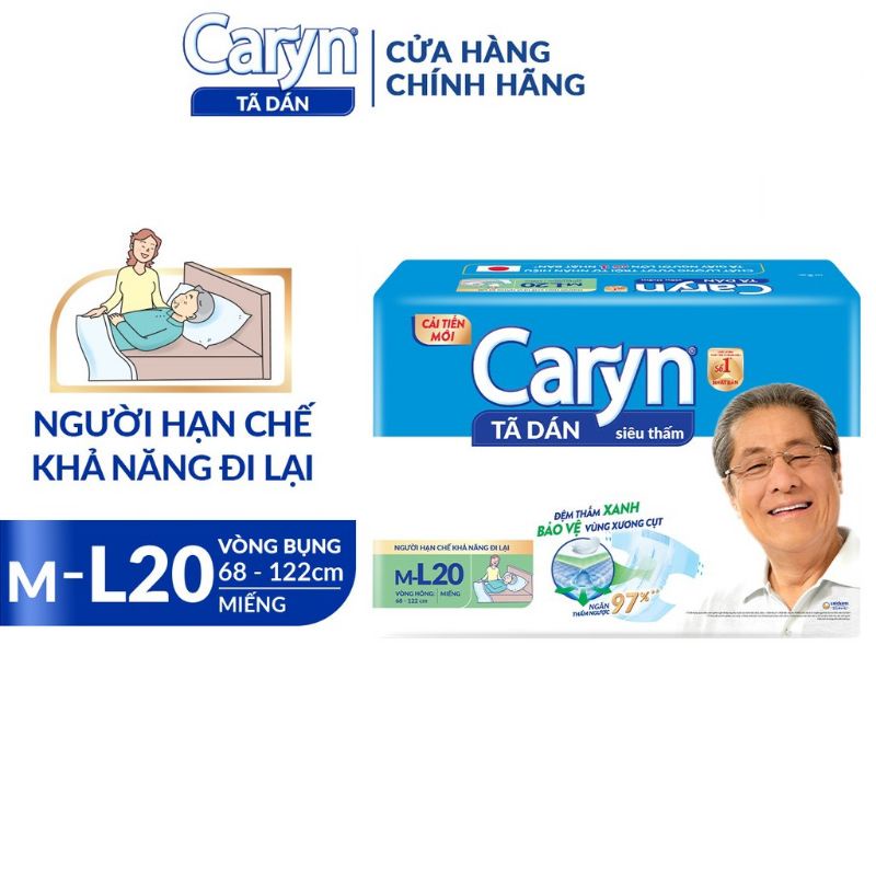 Tã bỉm dán CARYN cao cấp M20/L20/XL20 dành cho người già, người bệnh lâu năm siêu thấm hút, kháng khuẩn
