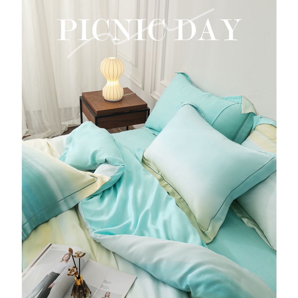 Bộ chăn ga gối 100%Tencel 60s, 5 món Họa tiết sọc cách điệu trẻ trung, tươi mát, chất liệu siêu mềm mịn