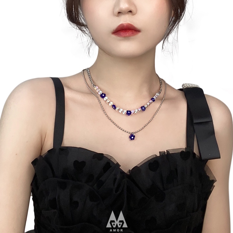 Vòng cổ Nữ Hai Lớp Mặt Hình Bông Hoa Thủy Tinh Màu Xanh Dương