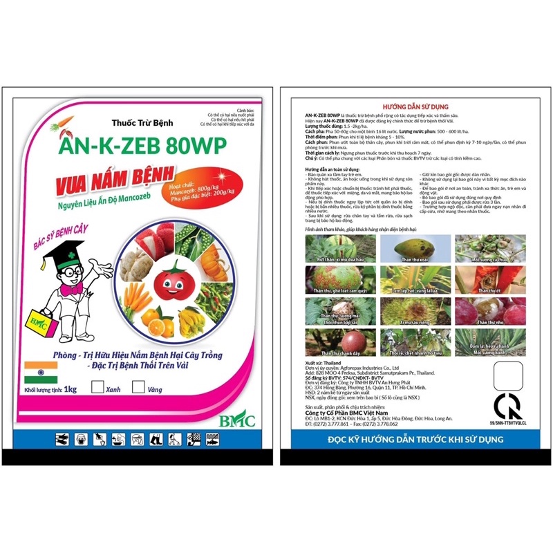 Thuốc trừ bệnh Vua Nấm Bệnh/ An - K - Zeb 80WP - 1KG - Bột Xanh - Nứt thân, xì mủ dưa hấu, thán thư/ xoài ...