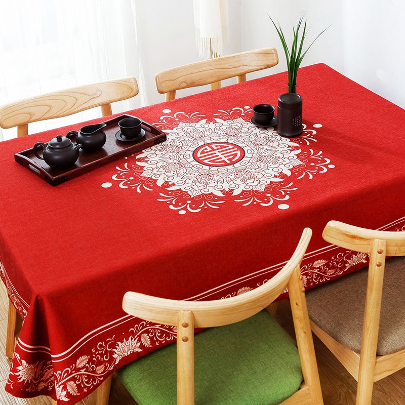 HAPPY HOMLIV Khăn Trải Bàn Hình Vuông Chất cotton Lanh Chống Thấm Nước/Dầu Màu Đỏ Trang Trí Năm Mới