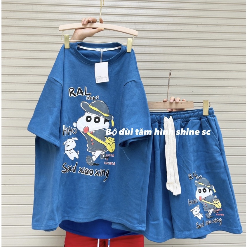 Set đồ nam nữ form rộng unisex, áo phông cổ tròn kèm quần short đùi in hình Shin chất liệu thun tăm nhiều màu