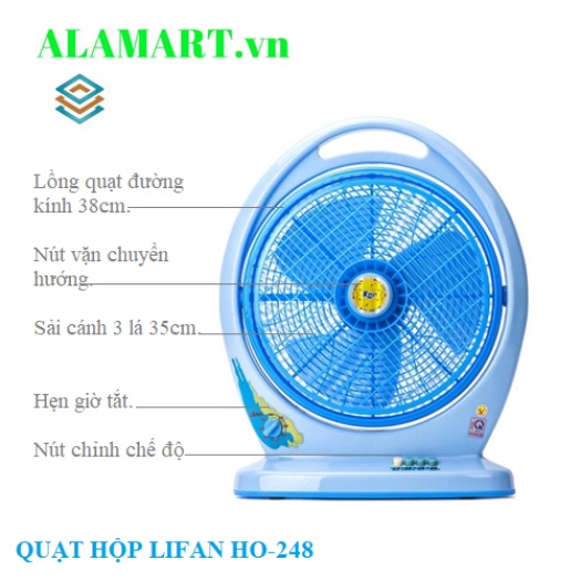 QUẠT HỘP LIFAN HO-248 , công suất 36W, sải cánh 25cm, tự động chuyển hướng, timer 2h.
