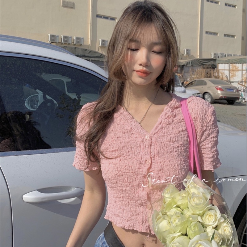 Áo Kiểu Ngắn Cổ Chữ V Thời Trang Mùa Hè Gợi Cảm Dễ Phối Đồ