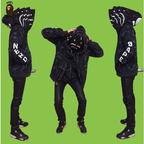 [Ảnh thật + FREESHIP] Jacket Bape Shark x NBHD Camo Black fullzip , Áo Hoodie Bape Cá Ngáo