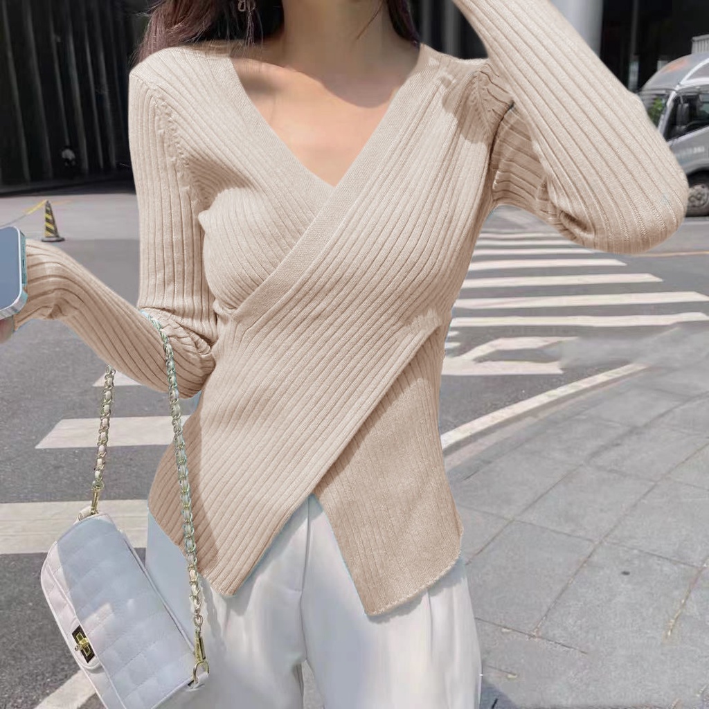 Áo sweater Dệt Kim Tay Dài Cổ Chữ V Màu Trơn Thời Trang Xuân Thu Cho Nữ