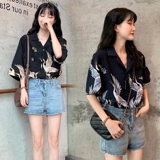 Áo Sơ Mi Tay Ngắn Cổ Bẻ Hoạ Tiết Chim Hạc Thiết Kế Thanh Lịch