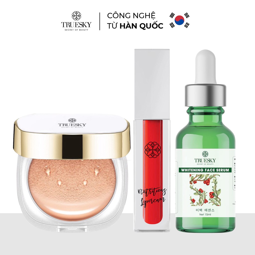 Bộ sản phẩm trang điểm Truesky VIP18 gồm Cushion Version 2 + Serum dưỡng trắng da mặt + Son kem lì