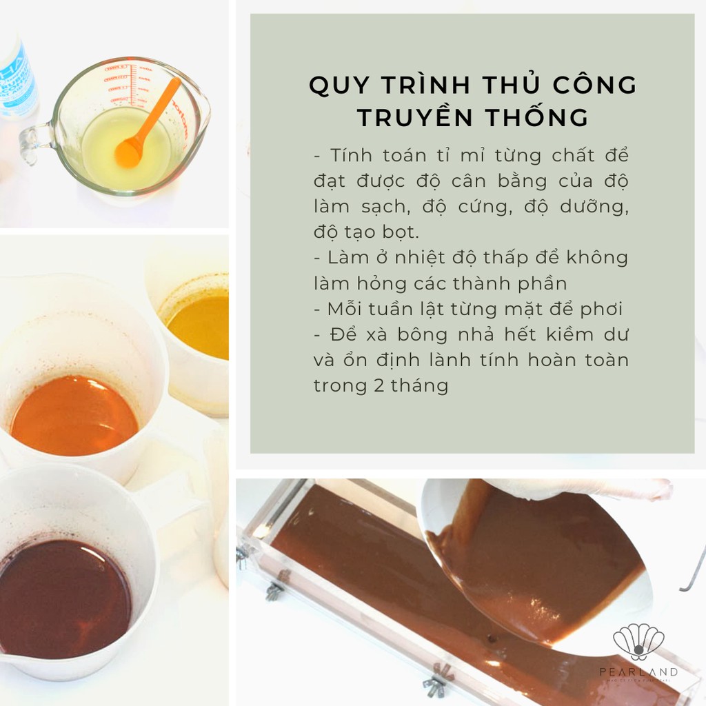 Xà bông chứa 10% bột ngọc trai dưỡng trắng mịn da - mờ thâm handmade hoàn toàn từ thảo mộc thiên nhiên