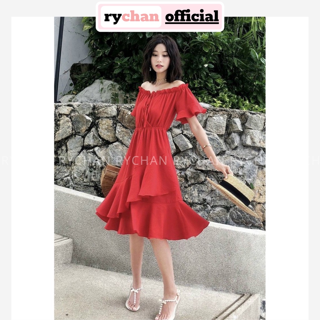 Đầm Xòe Đi Biển Midi Đen Trễ Vai Viền Bèo 3 Màu Đen Đỏ Vàng - DX0060