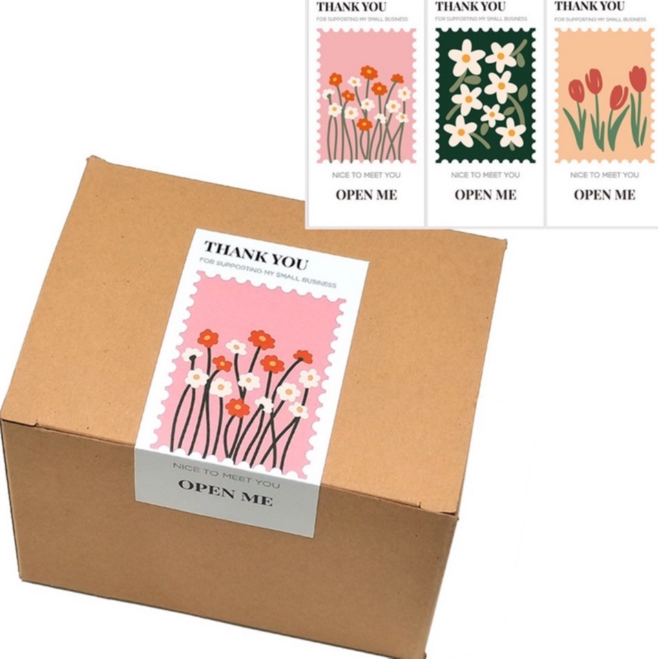 Set 50 Miếng Dán Niêm Phong Hình Chữ Nhật Họa Tiết Hoa tulip In Chữ thank you for supporting my small business