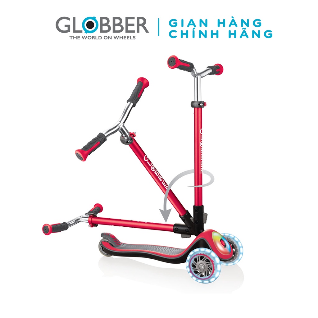 Xe trượt scooter 3 bánh gấp gọn có bánh xe và mặt trước phát sáng Globber Elite Prime cho trẻ em từ 3 đến 9 tuổi - Đỏ