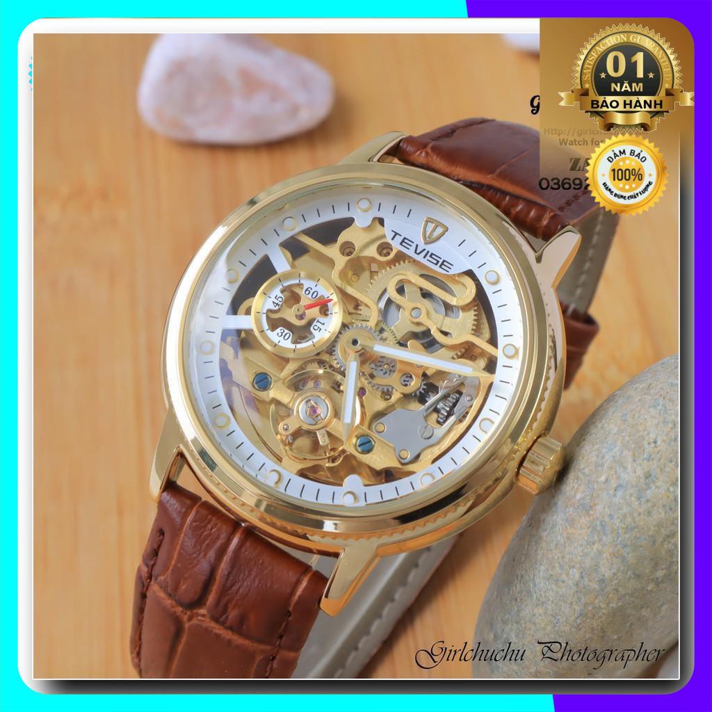 Đồng hồ cơ nam Tevise da nâu với máy chạy cơ tự động, kiểu dáng mới mẻ, phong cách trẻ trung, lịch lãm [ Đồng Hồ Cơ ]