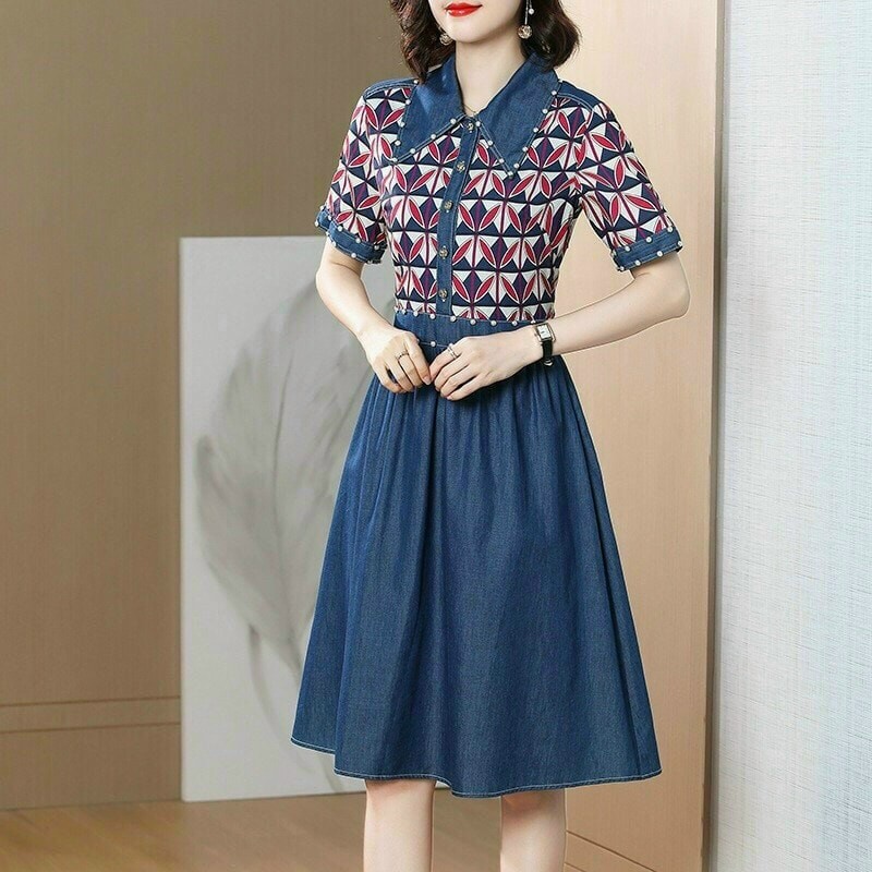HÀNG NHẬP - ĐẦM XÒE JEAN PHỐI LỤA HỌA TIẾT ĐÍNH HẠT CAO CẤP - ST250425