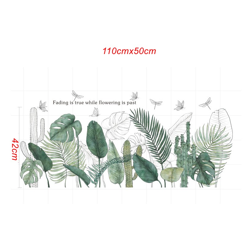 Decal dán tường trang trí - BỤI CÂY BẠC HÀ KẾT HỢP XƯƠNG RỒNG CHUỒN CHUỒN BAY