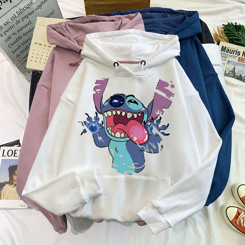 Áo khoác hoodie chui đầu dáng rộng in hình Stitch Disney vui nhộn