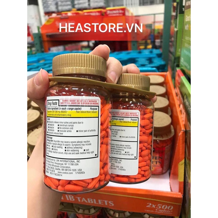 Viên uống IBUPROFEN 200mg, 500 viên của Kirkland Xanh Và Cam