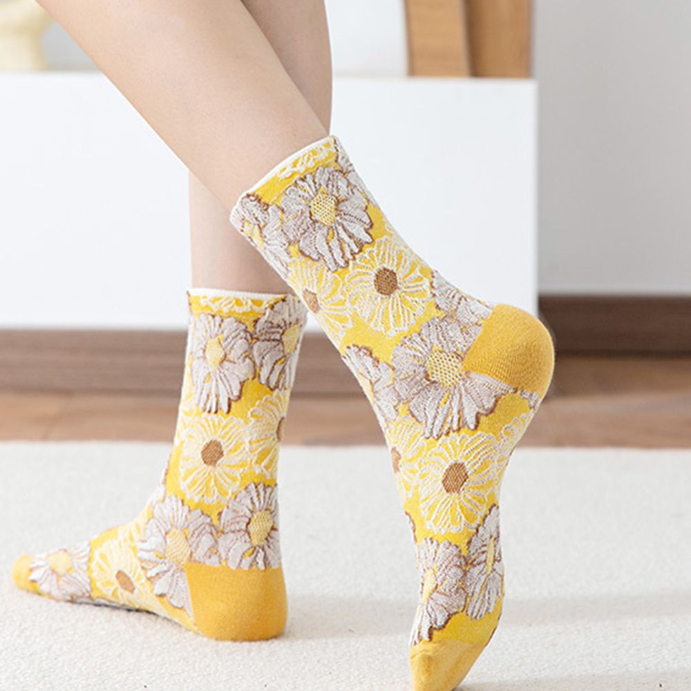 Vớ cotton cổ trung ba chiều màu trơn hình hoa hướng dương thời trang Hàn Quốc cổ điển cho nữ