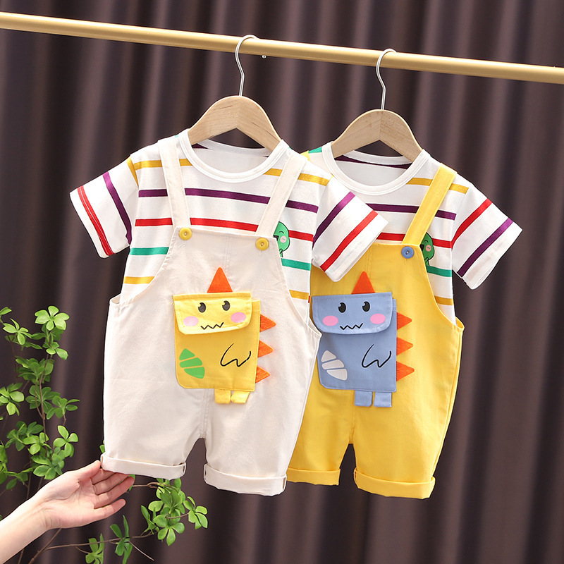 Bộ Áo Thun Ngắn Tay Kẻ Sọc + Quần Yếm Họa Tiết Khủng Long Hoạt Hình Thời Trang Mùa Hè Hàn Quốc Dành Cho Trẻ Em 2022