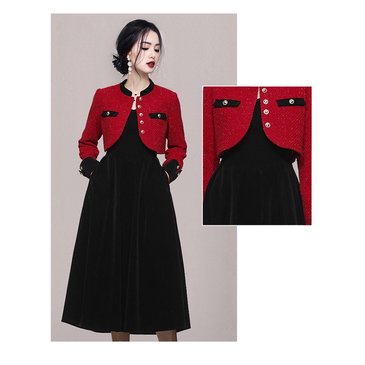 Xiaoxiangfeng OL Bộ Áo Khoác Vest Ngắn Vải Tweed Đỏ Phối Chân Váy Nhung Đen Phong Cách Phương Tây Thời Trang Mùa Thu 2022