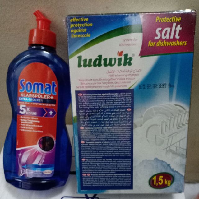 Combo hộp muối làm mềm nước Ludwik 1,5 kg+chai nước làm bóng Somat 750 ml