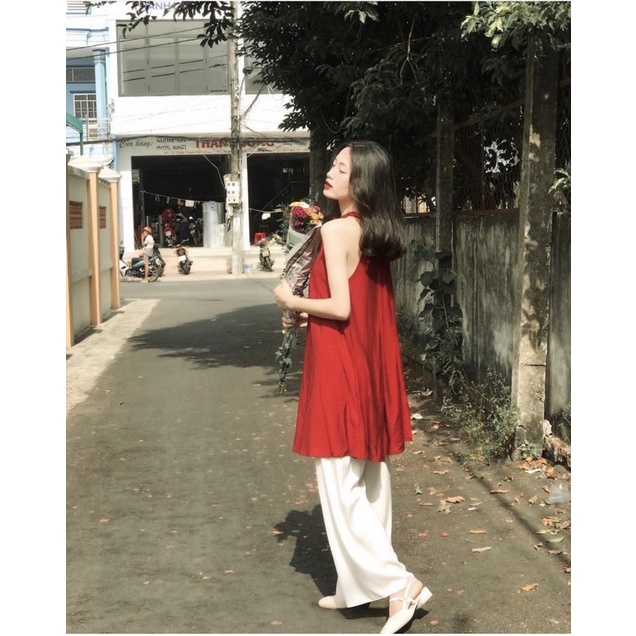SET ÁO YẾM ĐỎ BUỘC NƠ + QUẦN SUÔNG TRẮNG