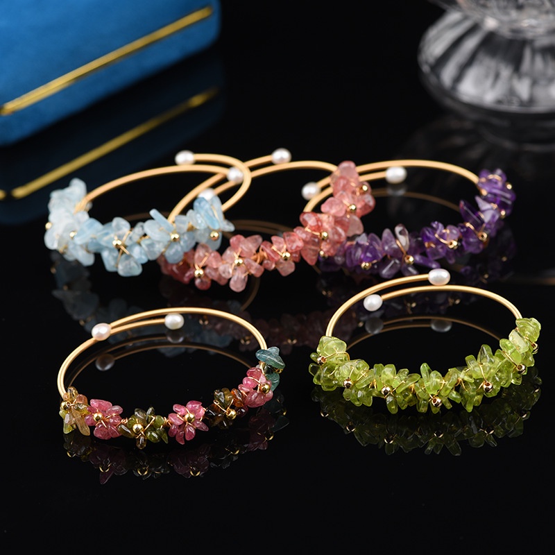 Tourmaline Vòng Tay Mở Mạ Lụa Vết Thương Pha Lê Dâu Tây Aquamarine Có Thể Điều Chỉnh