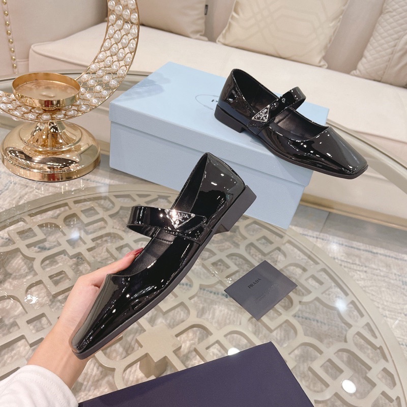 Giày búp bê mũi vuông có quai thương hiệu Prada da thật cao cấp