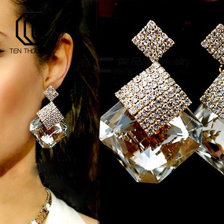T 💎Women Fashion Luxury Sparkling Big Square Rhinestone Pendant Drop Earrings