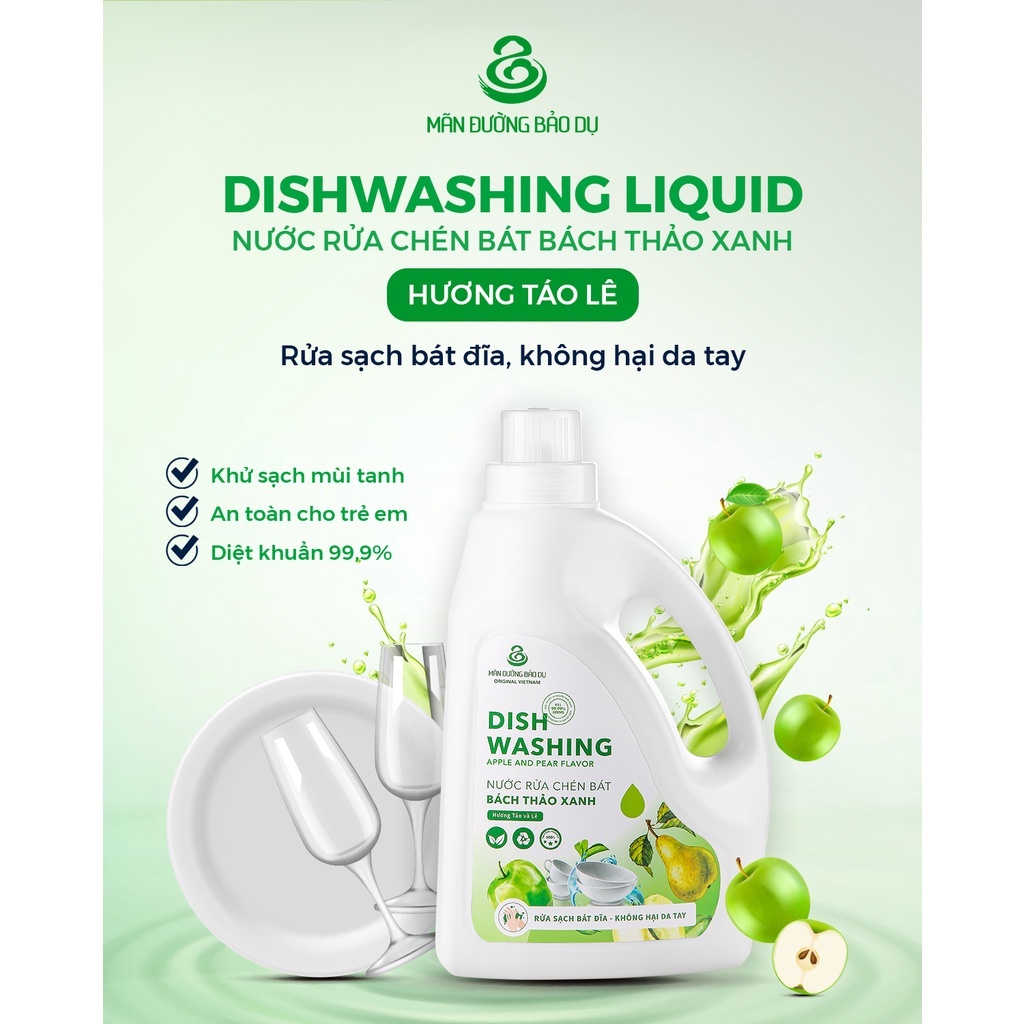Nước Rửa Chén Bát Hương Táo Lê, Bách Thảo Xanh 3L, Mãn Đường Bảo Dụ, Không Hại Da Tay
