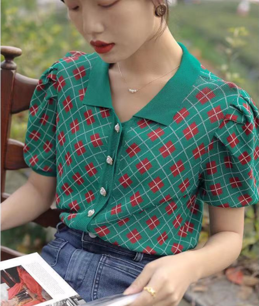 Áo kiểu tay ngắn cổ bẻ họa tiết kẻ sọc ô vuông mẫu 2021 thời trang dành cho nữ | BigBuy360 - bigbuy360.vn