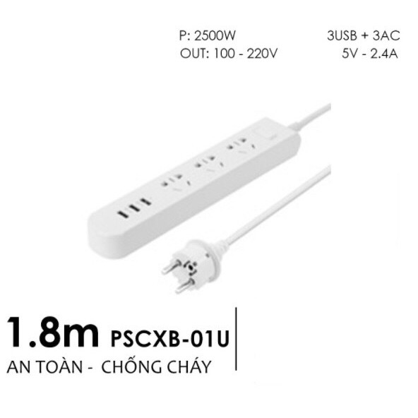 🌟CHÍNH HÃNG 🌟Ổ Cắm Điện Thông Minh Pisenn PSCXB-01U 3 cổng AC , 3 cổng USB Có Khe Chắn Ổ Điện Chống Giật An Toàn 1,8MM