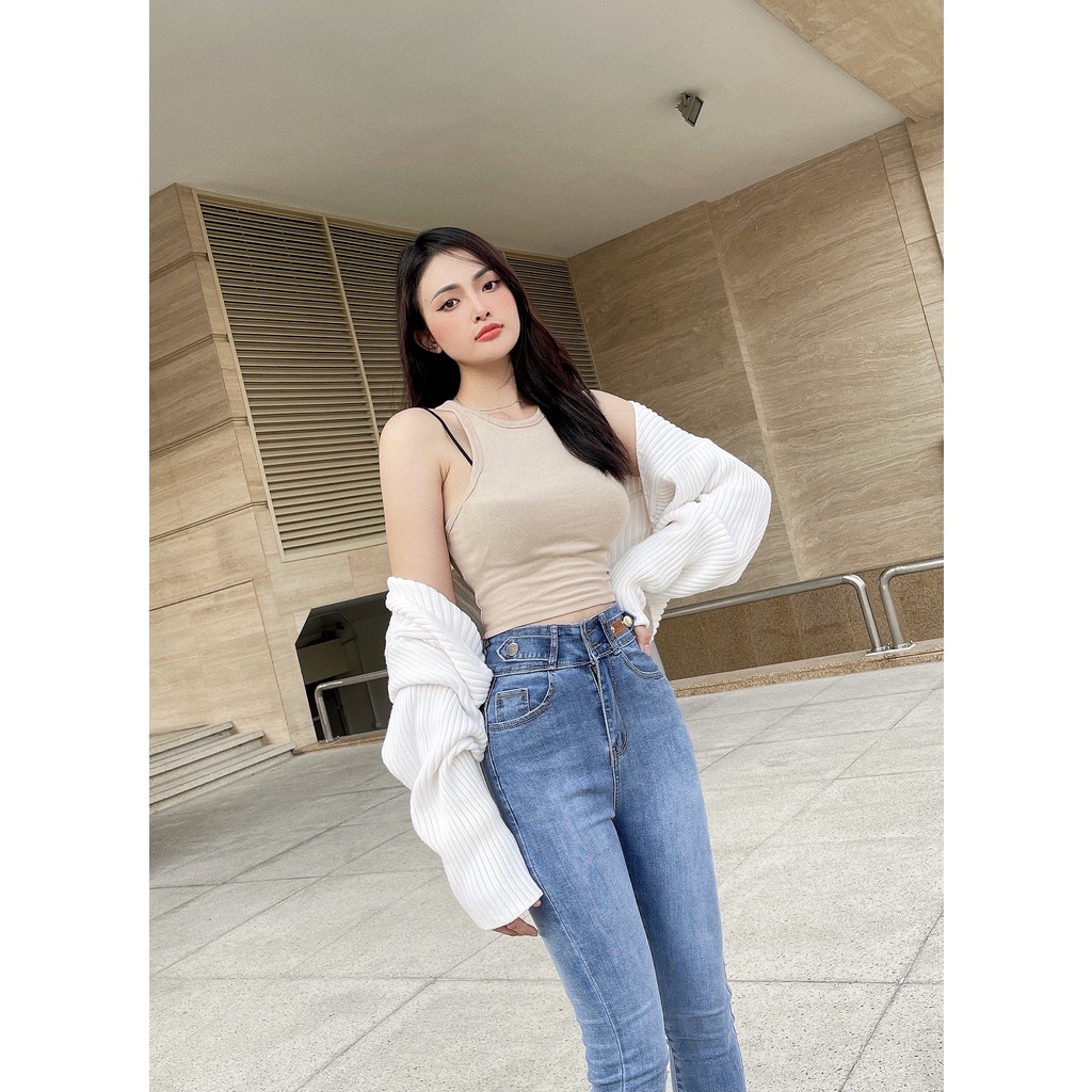 QUẦN SKINNY JEANS GIÃN DÀI NỮ LƯNG CAO 2 NÚT PHỐI 2 ĐAI VẠT PHỐI DA LAI CUỐN MÀU XANH NHẠT XUẤT CHÚNG NITIQC