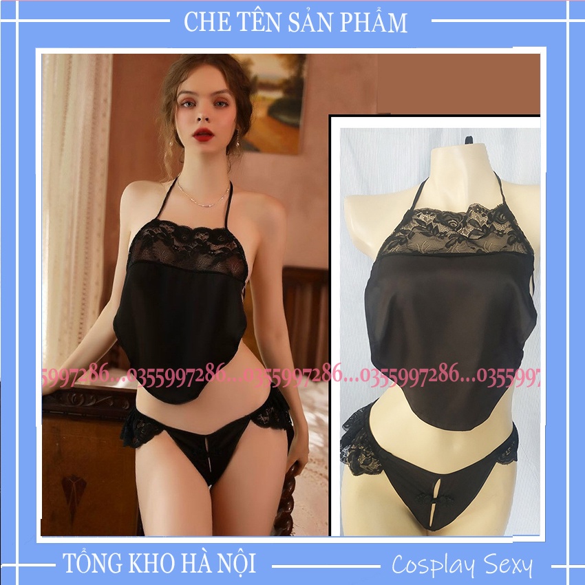 Yếm Ngủ Lụa Hở Lưng Sexy Buộc Dây Điều Chỉnh Size Kèm Quần Lót Lọt Khe Y806