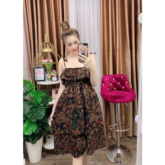 Đầm voan nữ mặc nhà hai dây cột nơ