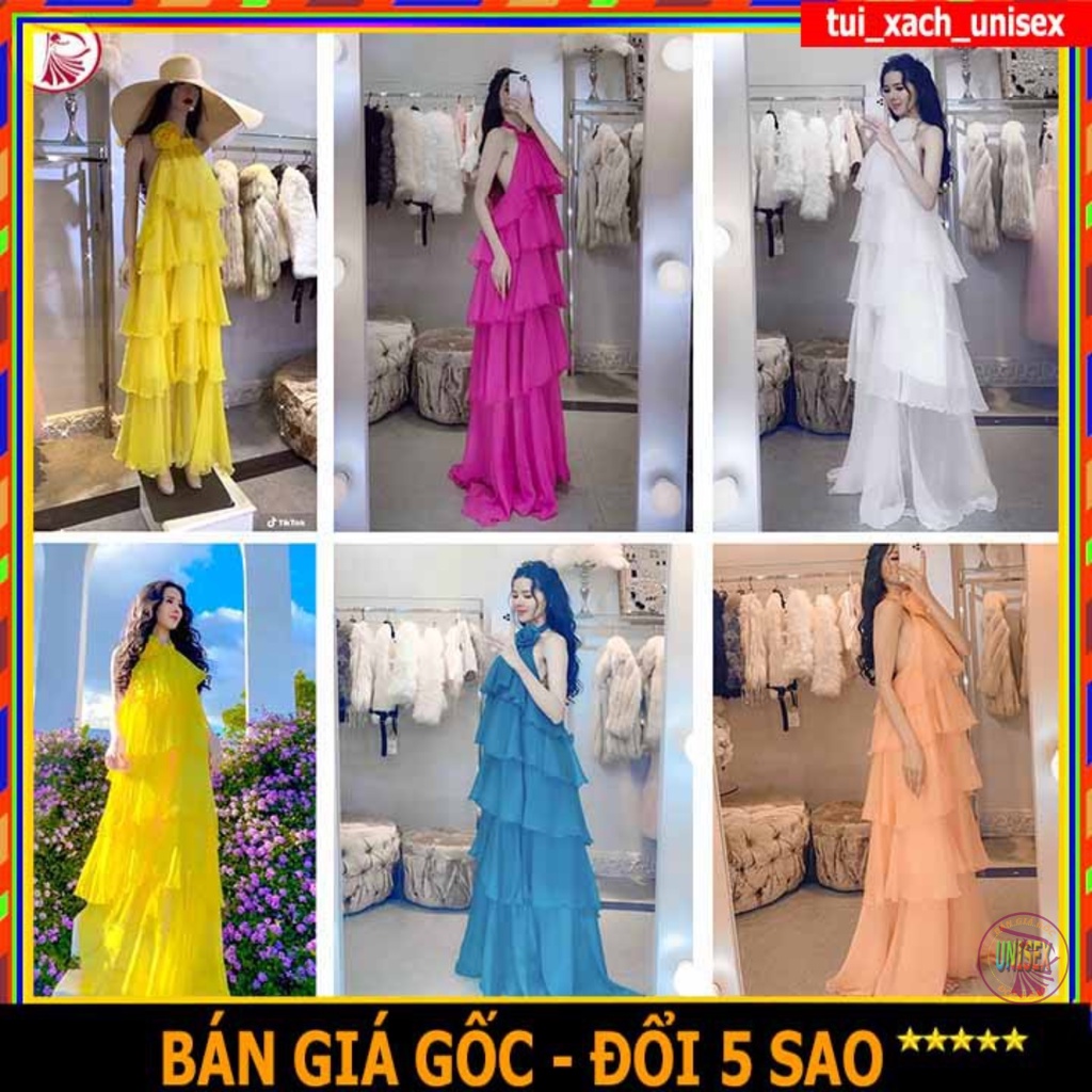 [Mã TUIXACH30 giảm 30K đơn 49K]❤️ CHẤT BAO ĐẸP ❤️ ĐẦM MAXI 5 TẦNG CỔ CỘT NƠ YẾM KẾT HOA - VÁY VOAN LỤA DỰ TIỆT ĐI BIỂN