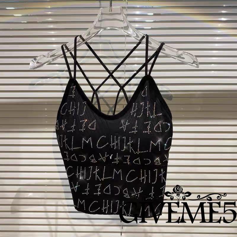 Áo Hai Dây Ôm Dáng In Chữ Đính Đá Hở Lưng Quyến Rũ Cho Nữ