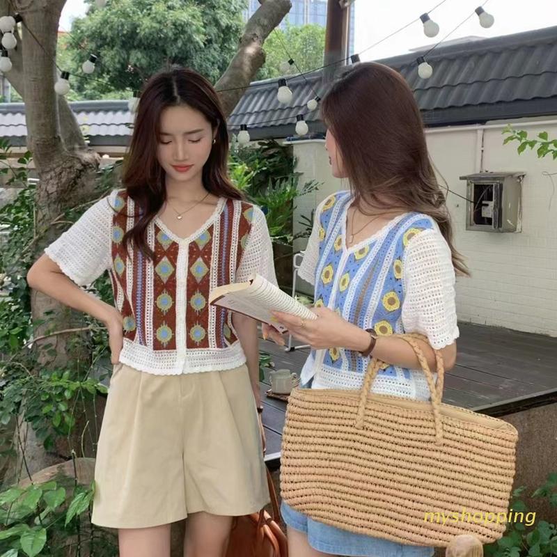 Áo Khoác Cardigan Dệt Kim Tay Ngắn Cổ Chữ V Phối Nút Họa Tiết Sọc Caro Phong Cách Pháp Cho Nữ