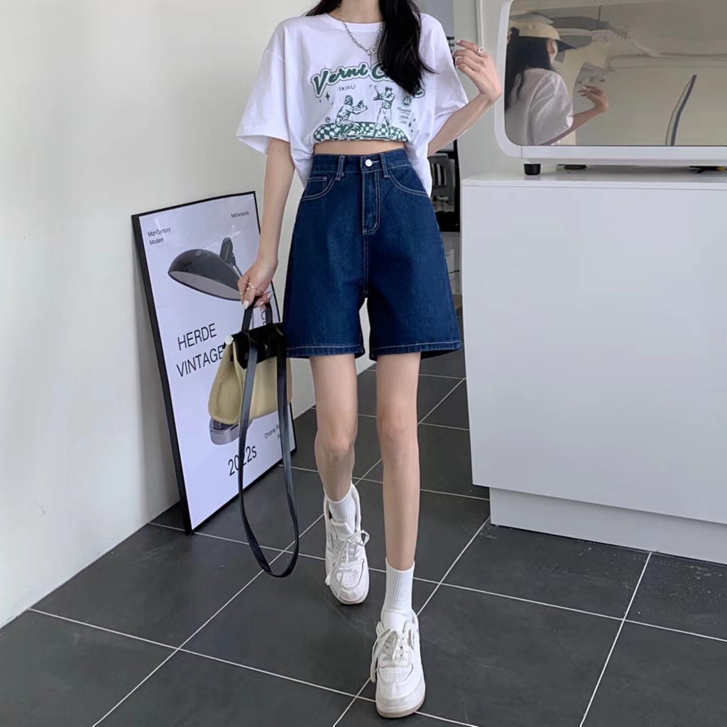 SUXI Quần Short Denim Lưng Cao Màu Sắc Đơn Giản Phong Cách Vintage Dễ Phối Đồ Cho Nữ